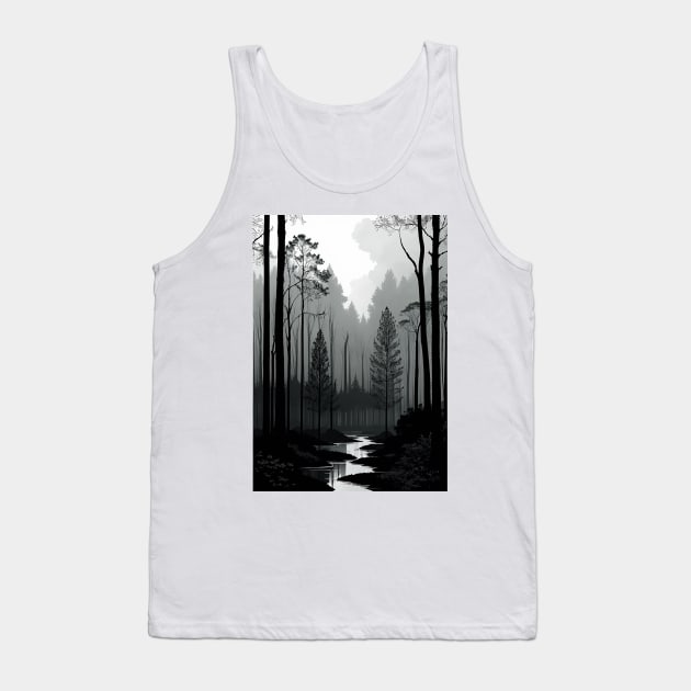 Grayscale Forest with a Peaceful River Running Through It Tank Top by CursedContent